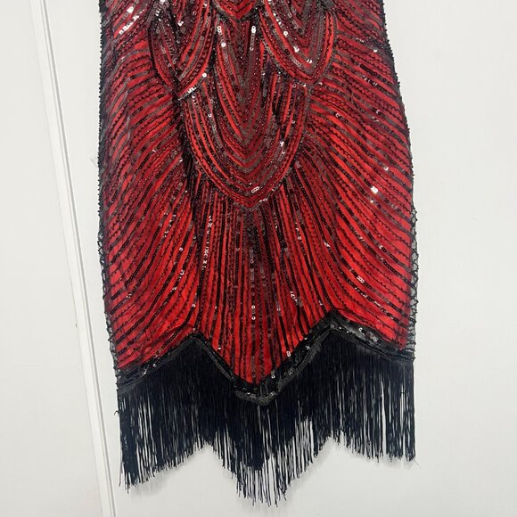 Flapper Red Black Sequin Dress With Fringe Hem Size XL - Picture 4 of 8